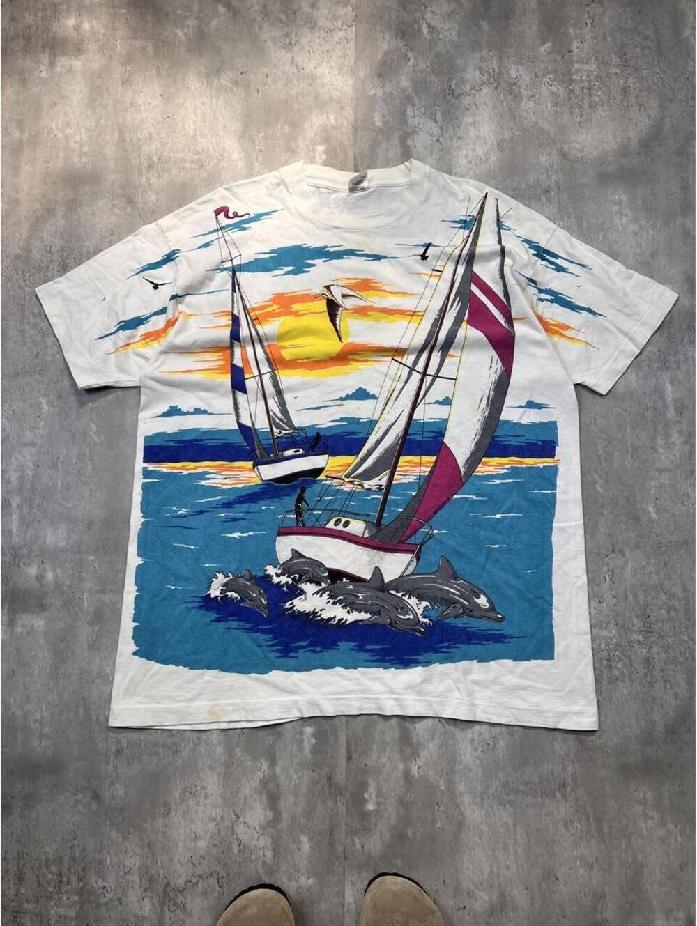 Vintage 90s Sailboat Dolphin All Over Print T-Shirt XXL